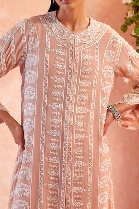 Ridhi Mehra Beige Kurta Georgette Pant Chanderi Embroidery Round Naevia And Set Online at Aza Fashions Ridhi Mehra_Beige Kurta Georgette Pant Chanderi Embroidery Round Naevia And Set _Online_at_Aza_Fashions