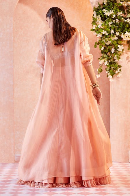 Shop Ridhi Mehra Peach Blouse Net Jacket Organza Lehenga Chiffon Embroidery Roxann And Set at Aza Fashions Shop_Ridhi Mehra_Peach Blouse Net Jacket Organza Lehenga Chiffon Embroidery Roxann And Set _at_Aza_Fashions
