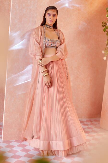Ridhi Mehra Peach Blouse Net Jacket Organza Lehenga Chiffon Embroidery Roxann And Set Online at Aza Fashions Ridhi Mehra_Peach Blouse Net Jacket Organza Lehenga Chiffon Embroidery Roxann And Set _Online_at_Aza_Fashions