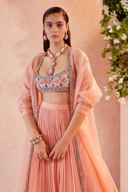 Shop Ridhi Mehra Peach Blouse Net Jacket Organza Lehenga Chiffon Embroidery Roxann And Set Online at Aza Fashions Shop_Ridhi Mehra_Peach Blouse Net Jacket Organza Lehenga Chiffon Embroidery Roxann And Set _Online_at_Aza_Fashions