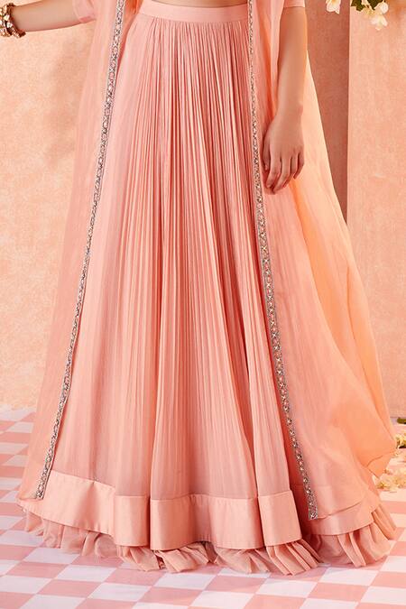 Ridhi Mehra Peach Blouse Net Jacket Organza Lehenga Chiffon Embroidery Roxann And Set at Aza Fashions Ridhi Mehra_Peach Blouse Net Jacket Organza Lehenga Chiffon Embroidery Roxann And Set _at_Aza_Fashions