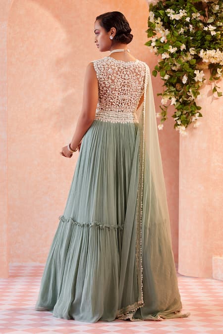 Shop Ridhi Mehra Green Blouse Lehenga Chiffon Dupatta Belevia Tiered Bridal Set at Aza Fashions Shop_Ridhi Mehra_Green Blouse Lehenga Chiffon Dupatta Belevia Tiered Bridal Set _at_Aza_Fashions