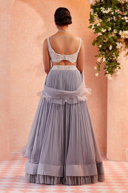 Shop Ridhi Mehra Grey Blouse Lehenga Chiffon Dupatta Embroidery U Neck Perrine Set at Aza Fashions Shop_Ridhi Mehra_Grey Blouse Lehenga Chiffon Dupatta Embroidery U Neck Perrine Set _at_Aza_Fashions