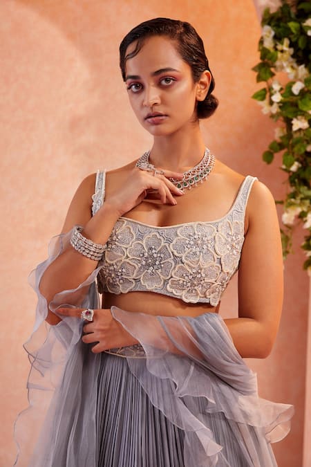 Ridhi Mehra Grey Blouse Lehenga Chiffon Dupatta Embroidery U Neck Perrine Set Online at Aza Fashions Ridhi Mehra_Grey Blouse Lehenga Chiffon Dupatta Embroidery U Neck Perrine Set _Online_at_Aza_Fashions