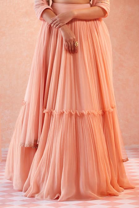 Ridhi Mehra Peach Blouse Lehenga Chiffon Dupatta Biana Tiered Bridal Set Online at Aza Fashions Ridhi Mehra_Peach Blouse Lehenga Chiffon Dupatta Biana Tiered Bridal Set _Online_at_Aza_Fashions