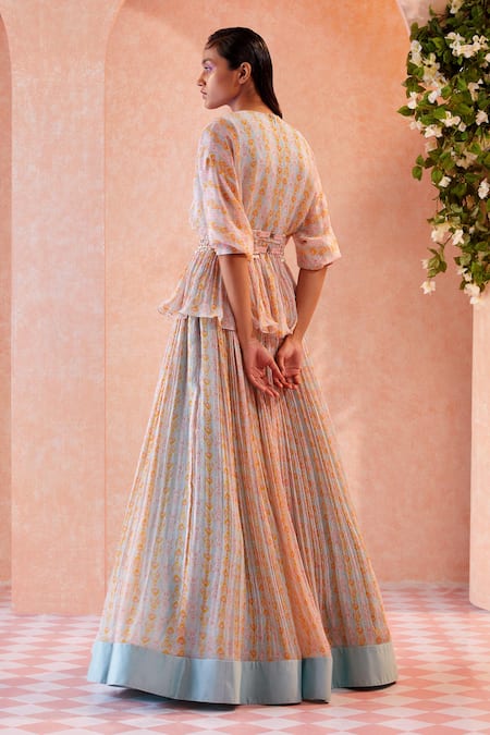 Shop Ridhi Mehra Blue Chiffon Embroidery V Neck Fleurine Ikat Peplum And Lehenga Set at Aza Fashions Shop_Ridhi Mehra_Blue Chiffon Embroidery V Neck Fleurine Ikat Peplum And Lehenga Set _at_Aza_Fashions