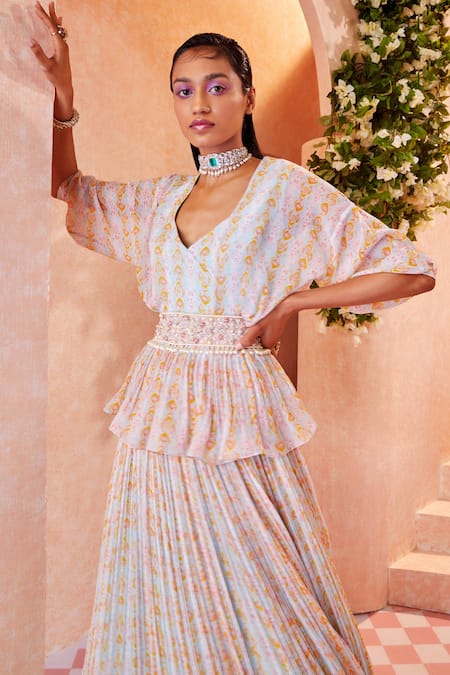 Ridhi Mehra Blue Chiffon Embroidery V Neck Fleurine Ikat Peplum And Lehenga Set Online at Aza Fashions Ridhi Mehra_Blue Chiffon Embroidery V Neck Fleurine Ikat Peplum And Lehenga Set _Online_at_Aza_Fashions