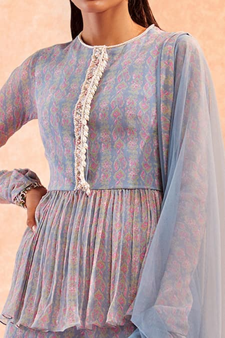 Ridhi Mehra_Blue Chiffon Dupatta Net Embroidery Nineve Ikat Kurta Sharara Set  _at_Aza_Fashions