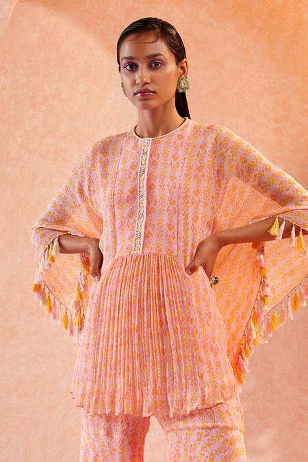 Ridhi Mehra Pink Chiffon Embroidery Round Floriana Kaftan Kurta And Sharara Set Online at Aza Fashions Ridhi Mehra_Pink Chiffon Embroidery Round Floriana Kaftan Kurta And Sharara Set _Online_at_Aza_Fashions