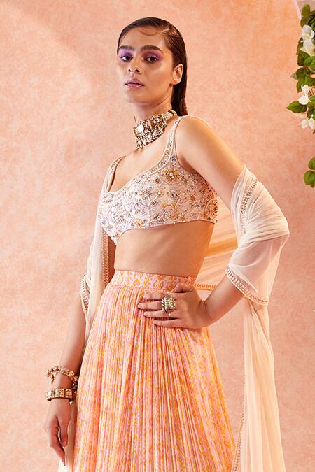 Ridhi Mehra White Blouse Lehenga Chiffon Dupatta Sherita Ikat Print Bridal Set Online at Aza Fashions Ridhi Mehra_White Blouse Lehenga Chiffon Dupatta Sherita Ikat Print Bridal Set _Online_at_Aza_Fashions