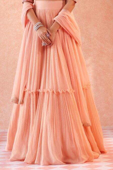 Buy Ridhi Mehra Peach Blouse Lehenga Chiffon Dupatta Suzzone Tiered Bridal Set Online at Aza Fashions Buy_Ridhi Mehra_Peach Blouse Lehenga Chiffon Dupatta Suzzone Tiered Bridal Set _Online_at_Aza_Fashions