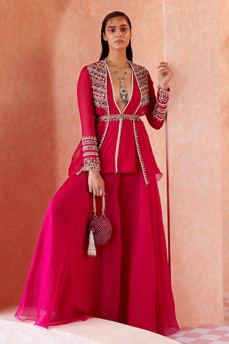 Ridhi Mehra Pink Peplum Georgette Jacket- Organza Sharara- Maelyn And Set  