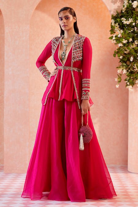 Shop_Ridhi Mehra_Pink Peplum Georgette Jacket-  Sharara- V Neck Maelyn And Set _at_Aza_Fashions