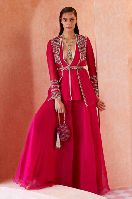 Ridhi Mehra_Pink Peplum Georgette Jacket-  Sharara- V Neck Maelyn And Set _Online_at_Aza_Fashions