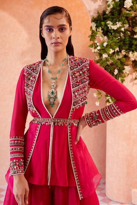 Buy_Ridhi Mehra_Pink Peplum Georgette Jacket-  Sharara- V Neck Maelyn And Set _Online_at_Aza_Fashions