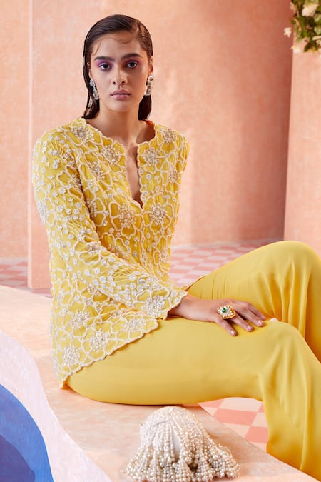 Shop Ridhi Mehra Yellow Georgette Embroidery Round Jeanne Jacket And Pant Set at Aza Fashions Shop_Ridhi Mehra_Yellow Georgette Embroidery Round Jeanne Jacket And Pant Set _at_Aza_Fashions
