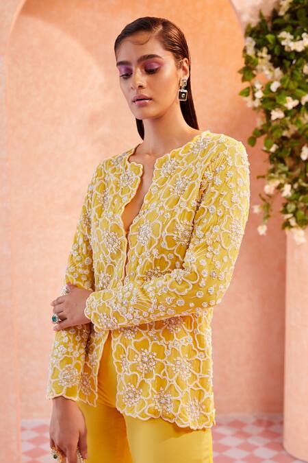Ridhi Mehra Yellow Georgette Embroidery Round Jeanne Jacket And Pant Set Online at Aza Fashions Ridhi Mehra_Yellow Georgette Embroidery Round Jeanne Jacket And Pant Set _Online_at_Aza_Fashions