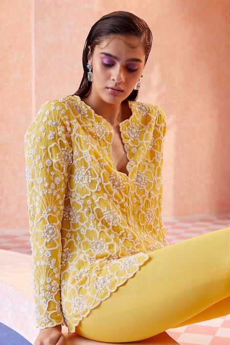 Buy Ridhi Mehra Yellow Georgette Embroidery Round Jeanne Jacket And Pant Set Online at Aza Fashions Buy_Ridhi Mehra_Yellow Georgette Embroidery Round Jeanne Jacket And Pant Set _Online_at_Aza_Fashions