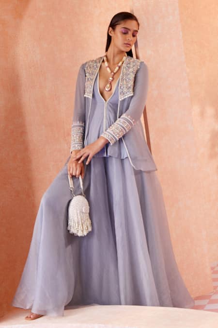 Ridhi Mehra Grey Peplum Georgette Jacket And Sharara- Organza Mariena & Set  