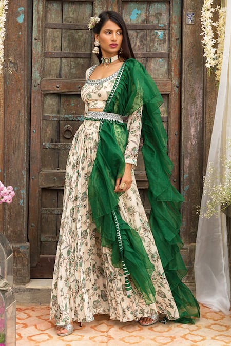 Buy_Chhavvi Aggarwal_White Blouse And Palazzo Georgette Dupatta Organza Scoop Neck Printed Set _Online_at_Aza_Fashions
