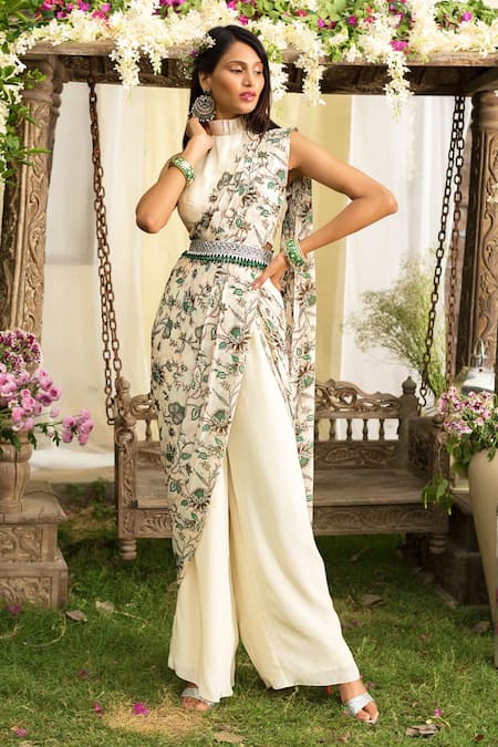 Shop_Chhavvi Aggarwal_White Crepe High Neck Printed Pant Saree With Blouse_Online_at_Aza_Fashions