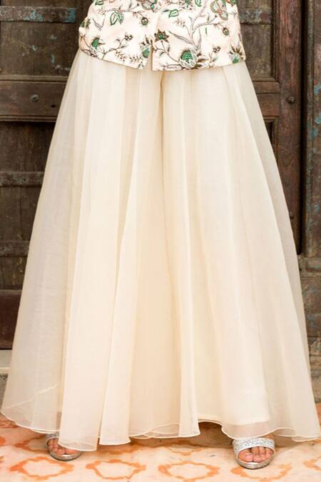 Shop_Chhavvi Aggarwal_White Jacket Crepe Palazzo Organza V Neck Printed And Pant Set _Online_at_Aza_Fashions