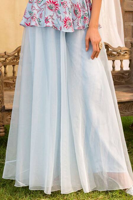 Chhavvi Aggarwal_Blue Top Crepe Palazzo Organza V Neck Printed Peplum Kurta Set_Online_at_Aza_Fashions