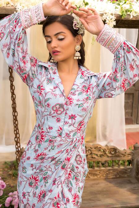 Chhavvi Aggarwal_Blue Crepe Collared Neck Floral Print Draped Dress_Online_at_Aza_Fashions