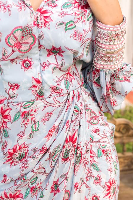 Buy_Chhavvi Aggarwal_Blue Crepe Collared Neck Floral Print Draped Dress_Online_at_Aza_Fashions
