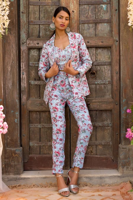 Chhavvi Aggarwal Blue Crepe Blazer Lapel Collar Bustier Sweetheart Printed Jacket And Pant Set 