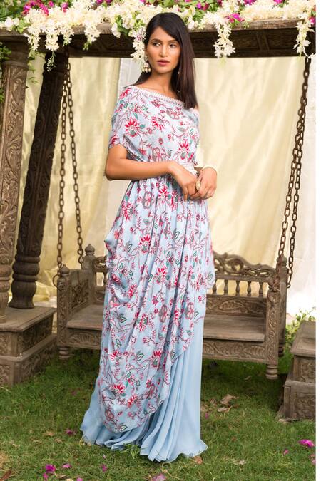 Chhavvi Aggarwal Blue Tunic Crepe Palazzo Georgette Floral Print One Shoulder And Set Online at Aza Fashions Chhavvi Aggarwal_Blue Tunic Crepe Palazzo Georgette Floral Print One Shoulder And Set _Online_at_Aza_Fashions