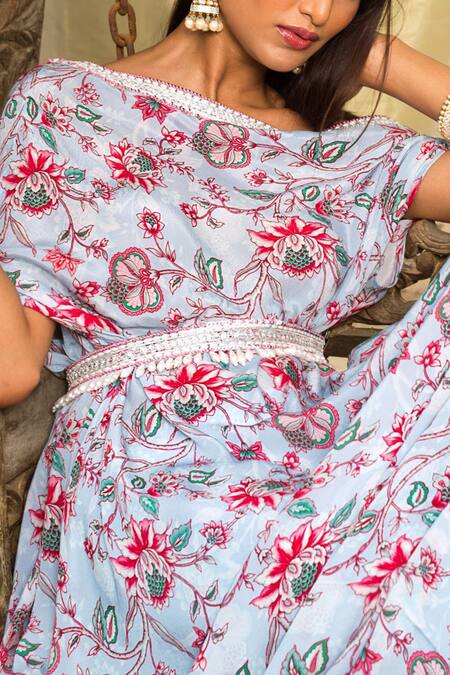 Chhavvi Aggarwal Blue Tunic Crepe Palazzo Georgette Floral Print One Shoulder And Set at Aza Fashions Chhavvi Aggarwal_Blue Tunic Crepe Palazzo Georgette Floral Print One Shoulder And Set _at_Aza_Fashions