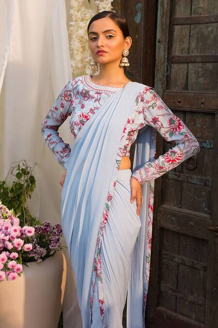 Buy Chhavvi Aggarwal Blue Crepe, Georgette Boat Printed Pant Saree With Blouse Online at Aza Fashions Buy_Chhavvi Aggarwal_Blue Crepe, Georgette Boat Printed Pant Saree With Blouse _Online_at_Aza_Fashions