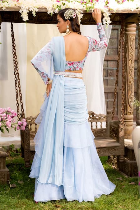 Shop_Chhavvi Aggarwal_Blue Georgette, Blouse Crepe Lehenga Organza Round Ruffle Saree With Printed _at_Aza_Fashions