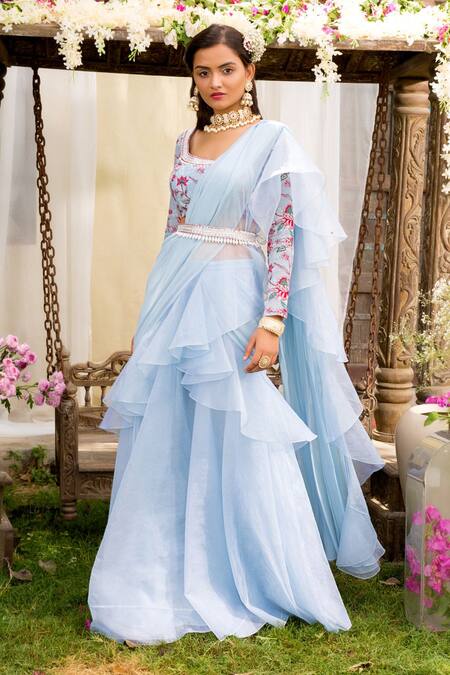 Chhavvi Aggarwal_Blue Georgette, Blouse Crepe Lehenga Organza Round Ruffle Saree With Printed _Online_at_Aza_Fashions