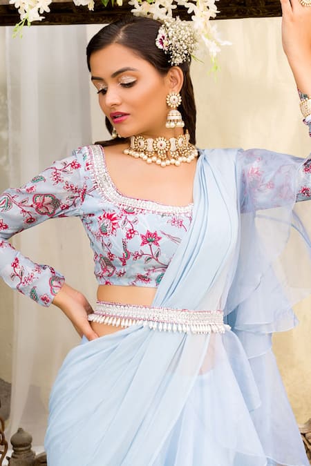 Buy_Chhavvi Aggarwal_Blue Georgette, Blouse Crepe Lehenga Organza Round Ruffle Saree With Printed _Online_at_Aza_Fashions