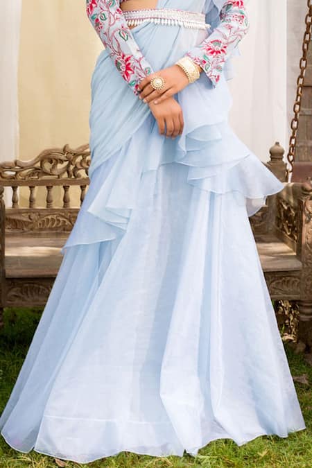 Shop_Chhavvi Aggarwal_Blue Georgette, Blouse Crepe Lehenga Organza Round Ruffle Saree With Printed _Online_at_Aza_Fashions