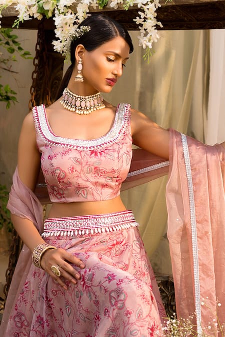 Shop_Chhavvi Aggarwal_Pink Organza Round Printed Bridal Lehenga Set_Online_at_Aza_Fashions