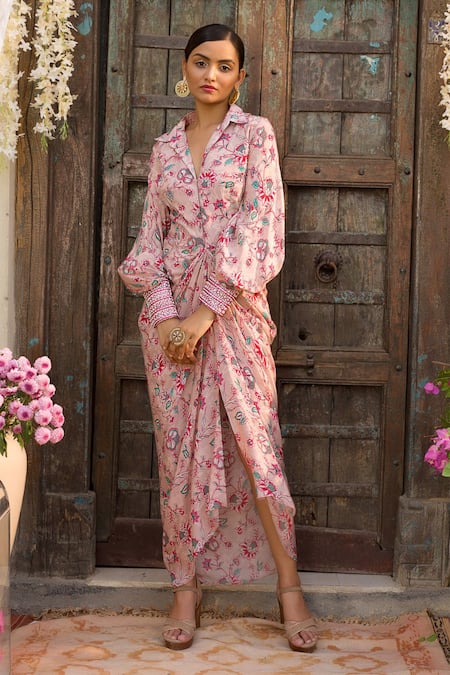 Chhavvi Aggarwal_Pink Crepe Collared Neck Floral Print Draped Dress_Online_at_Aza_Fashions