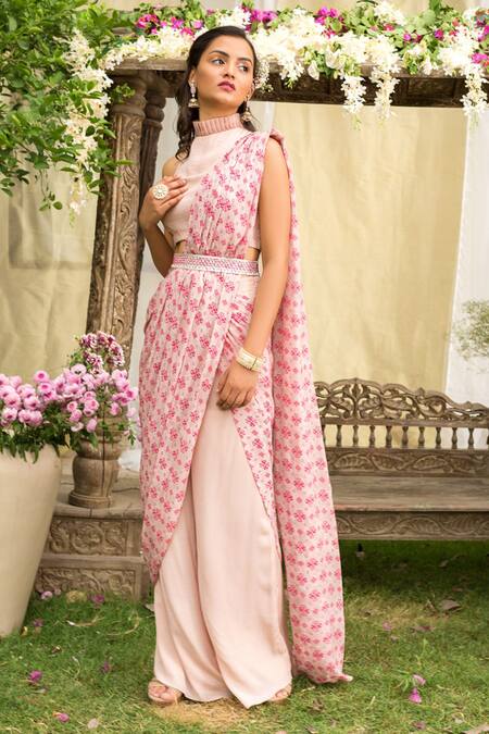 Chhavvi Aggarwal White Crepe High Neck Printed Pant Saree With Blouse Online at Aza Fashions Chhavvi Aggarwal_White Crepe High Neck Printed Pant Saree With Blouse _Online_at_Aza_Fashions