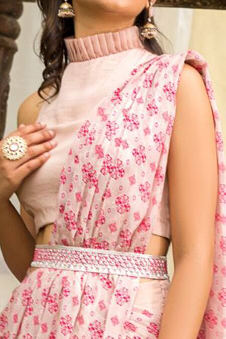 Shop Chhavvi Aggarwal White Crepe High Neck Printed Pant Saree With Blouse Online at Aza Fashions Shop_Chhavvi Aggarwal_White Crepe High Neck Printed Pant Saree With Blouse _Online_at_Aza_Fashions