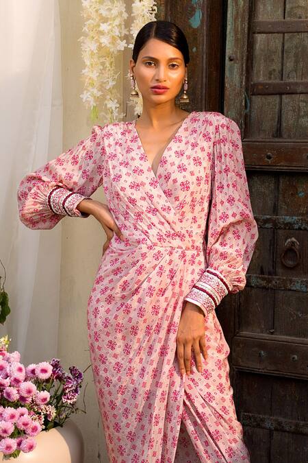 Shop_Chhavvi Aggarwal_Pink Crepe V Neck Printed Wrap Dress_Online_at_Aza_Fashions