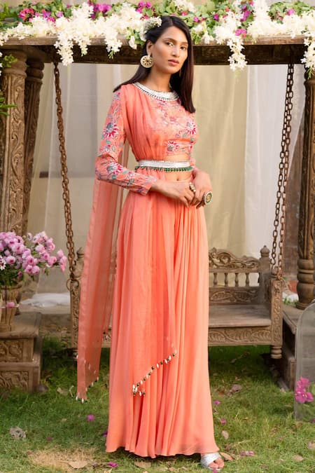 Chhavvi Aggarwal_Peach Blouse Crepe Palazzo Georgette Dupatta Organza Round Printed And Set_Online_at_Aza_Fashions
