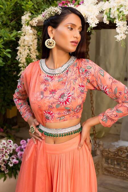 Buy_Chhavvi Aggarwal_Peach Blouse Crepe Palazzo Georgette Dupatta Organza Round Printed And Set_Online_at_Aza_Fashions