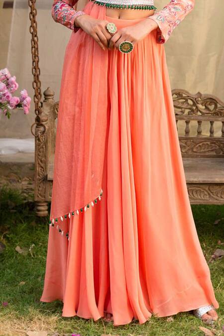 Shop_Chhavvi Aggarwal_Peach Blouse Crepe Palazzo Georgette Dupatta Organza Round Printed And Set_Online_at_Aza_Fashions