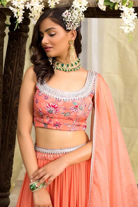 Chhavvi Aggarwal_Peach Blouse Crepe Lehenga Georgette Dupatta Organza Round Tiered Set_Online_at_Aza_Fashions