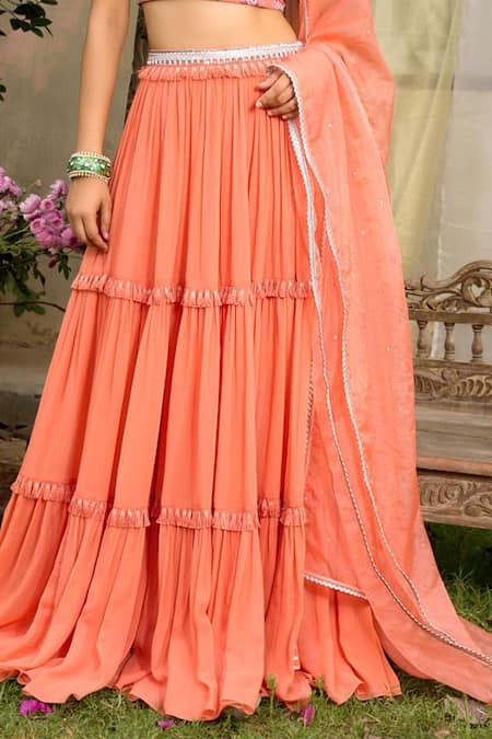 Shop_Chhavvi Aggarwal_Peach Blouse Crepe Lehenga Georgette Dupatta Organza Round Tiered Set_Online_at_Aza_Fashions