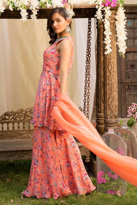 Buy Chhavvi Aggarwal Peach Kurta And Sharara Crepe Dupatta Organza Round Printed Set Online at Aza Fashions Buy_Chhavvi Aggarwal_Peach Kurta And Sharara Crepe Dupatta Organza Round Printed Set_Online_at_Aza_Fashions