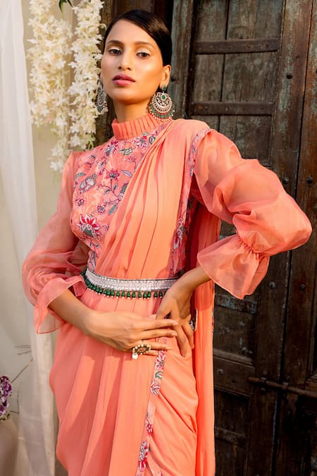 Shop_Chhavvi Aggarwal_Peach Blouse Crepe And Organza Pant Saree Georgette High Neck With Printed_Online_at_Aza_Fashions