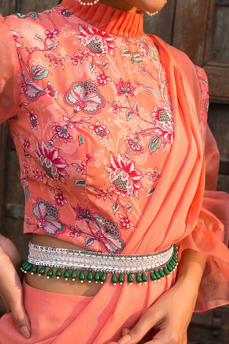 Chhavvi Aggarwal_Peach Blouse Crepe And Organza Pant Saree Georgette High Neck With Printed_at_Aza_Fashions